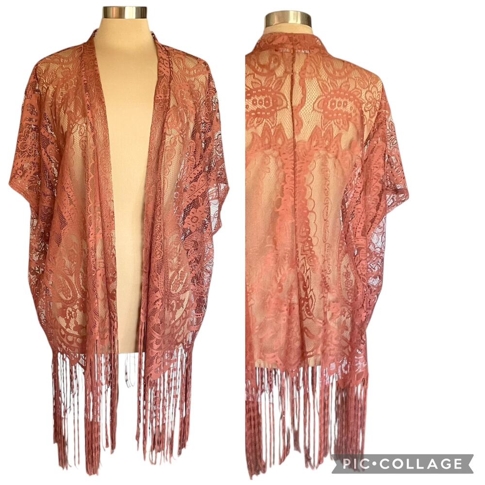 Sheer Lace Fringe Kimono - Dusty Rose Women’s Top